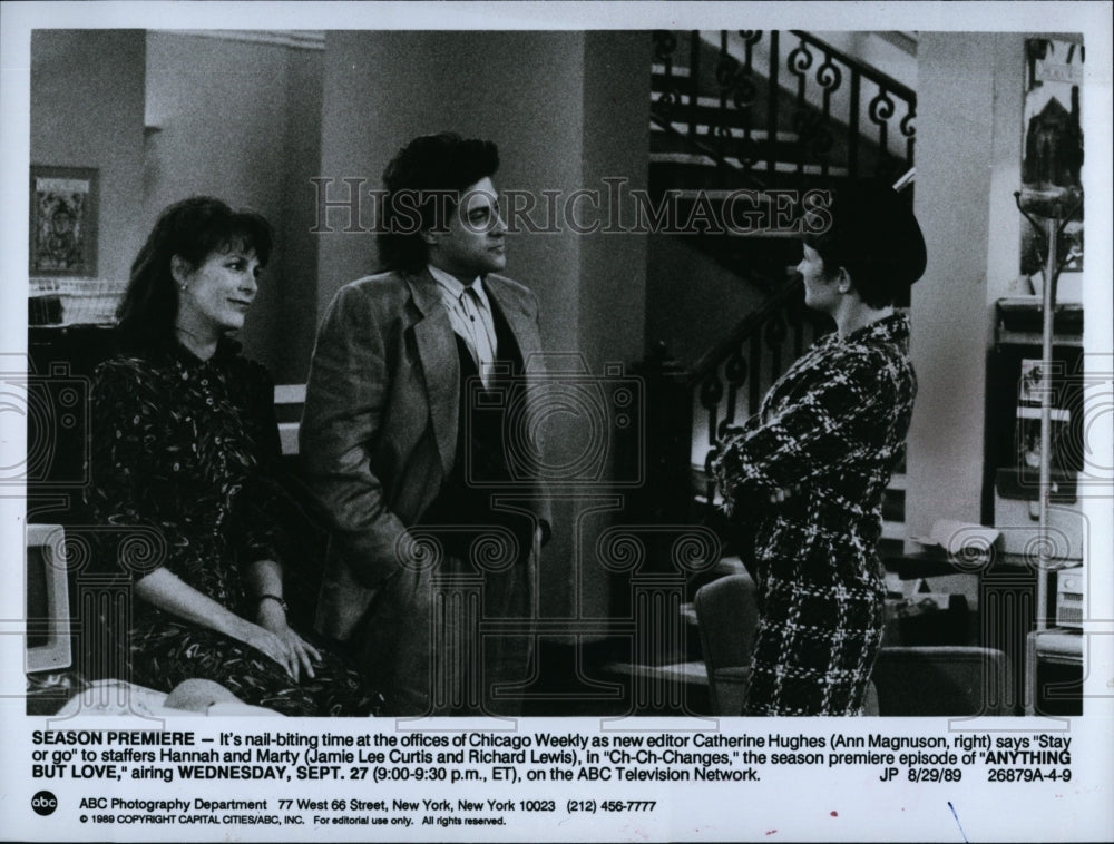 1989 Press Photo Actress Ann Magnuson, Jamie Lee Curtis, Richard Lewis- Historic Images