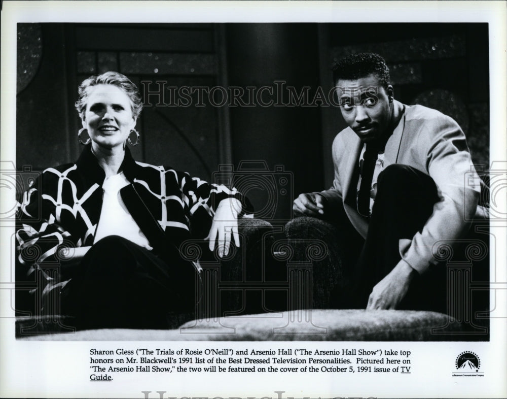 1991 Press Photo Actress Sharon Gless, TV Host, Actor, Comedian Arsenio Hall- Historic Images