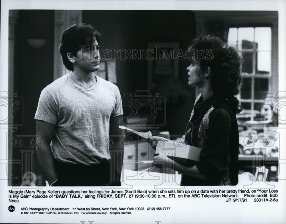 1991 Press Photo Mary Page Keller, Scott Baio star in "Baby Talk" - Historic Images