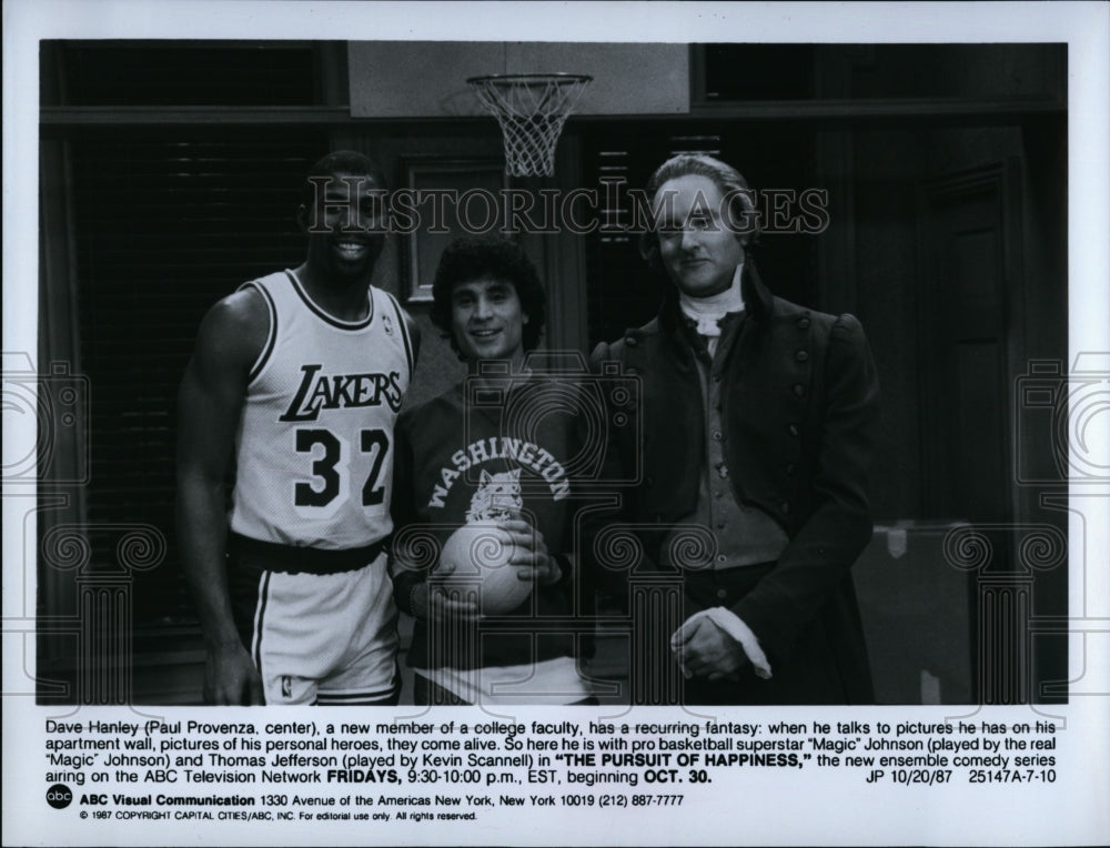 1987 Press Photo Paul Provenza, Magic Johnson &amp; Kevin Scannell- Historic Images