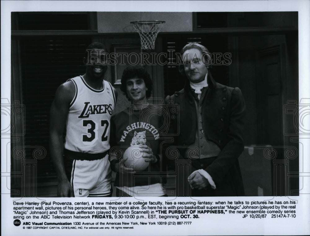 1987 Press Photo Paul Provenza, Magic Johnson &amp; Kevin Scannell- Historic Images