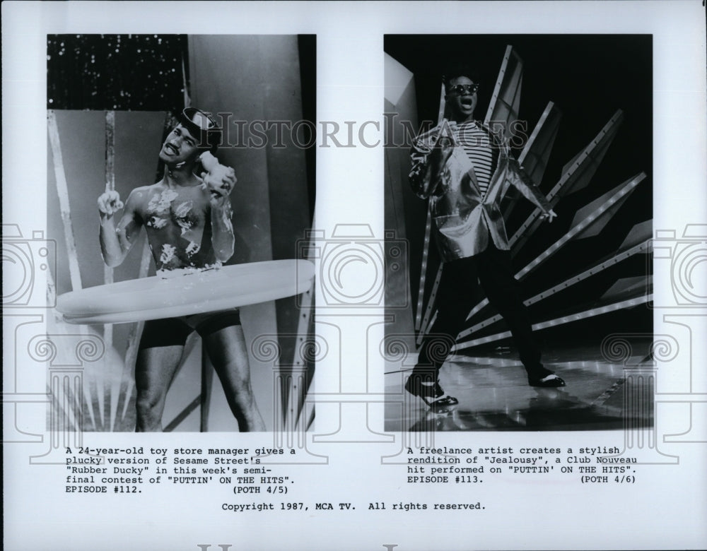 1987 Press Photo Store manager & Freelance artist performed in "Puttin' on Hits"- Historic Images