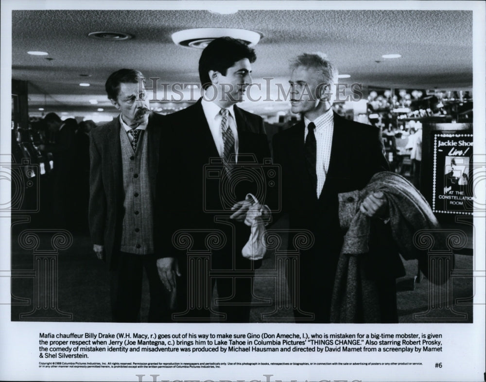 1988 Press Photo W. H. Macy, Don Ameche, Joe Mantegna &quot;Things Change&quot;- Historic Images