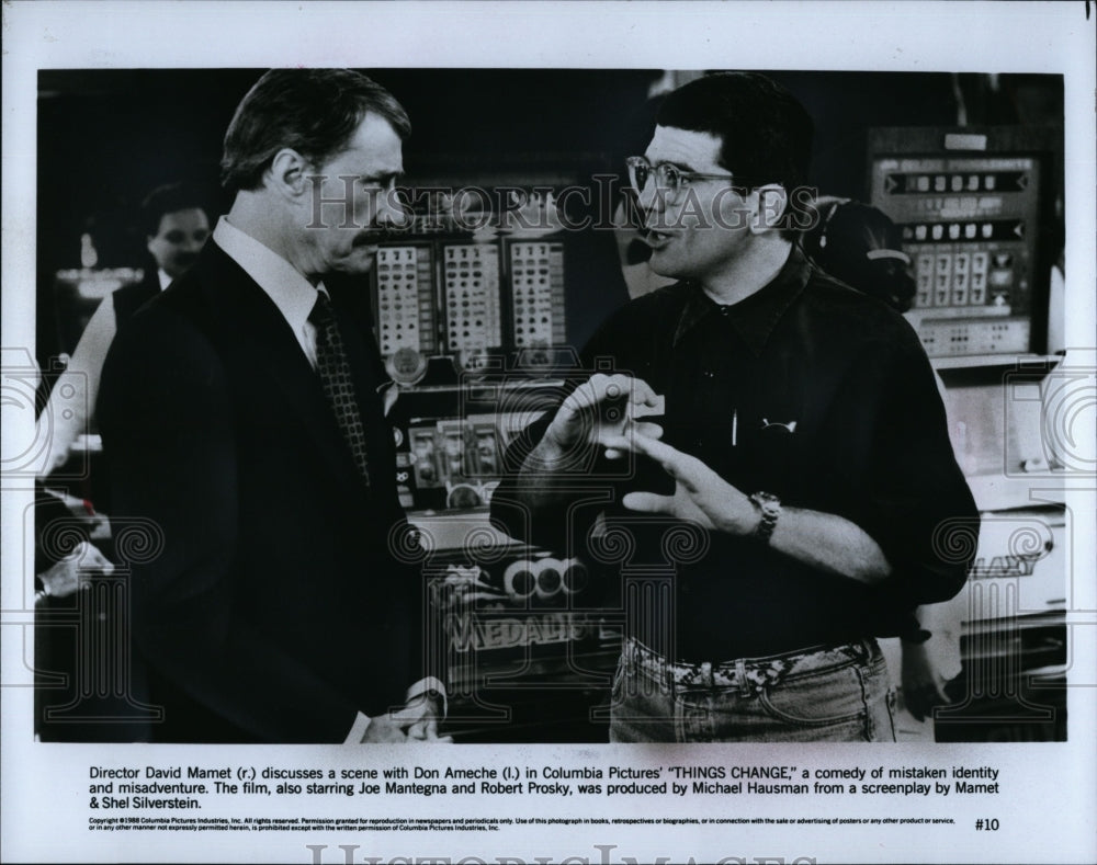 1988 Press Photo Director David Mamet, Don Ameche &quot;Things Change&quot;- Historic Images