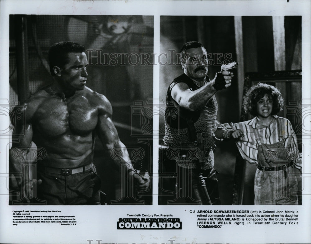 1985 Press Photo Arnold Schwarzenegger and Alyssa Milano in &quot;Commando&quot;- Historic Images