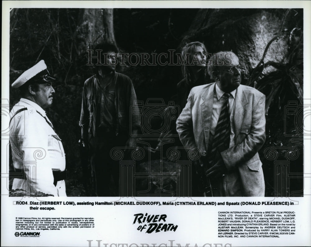 1988 Press Photo &quot;River of Death&quot; H Lom, Michael Dudikoff,C Erland,D Pleasence- Historic Images