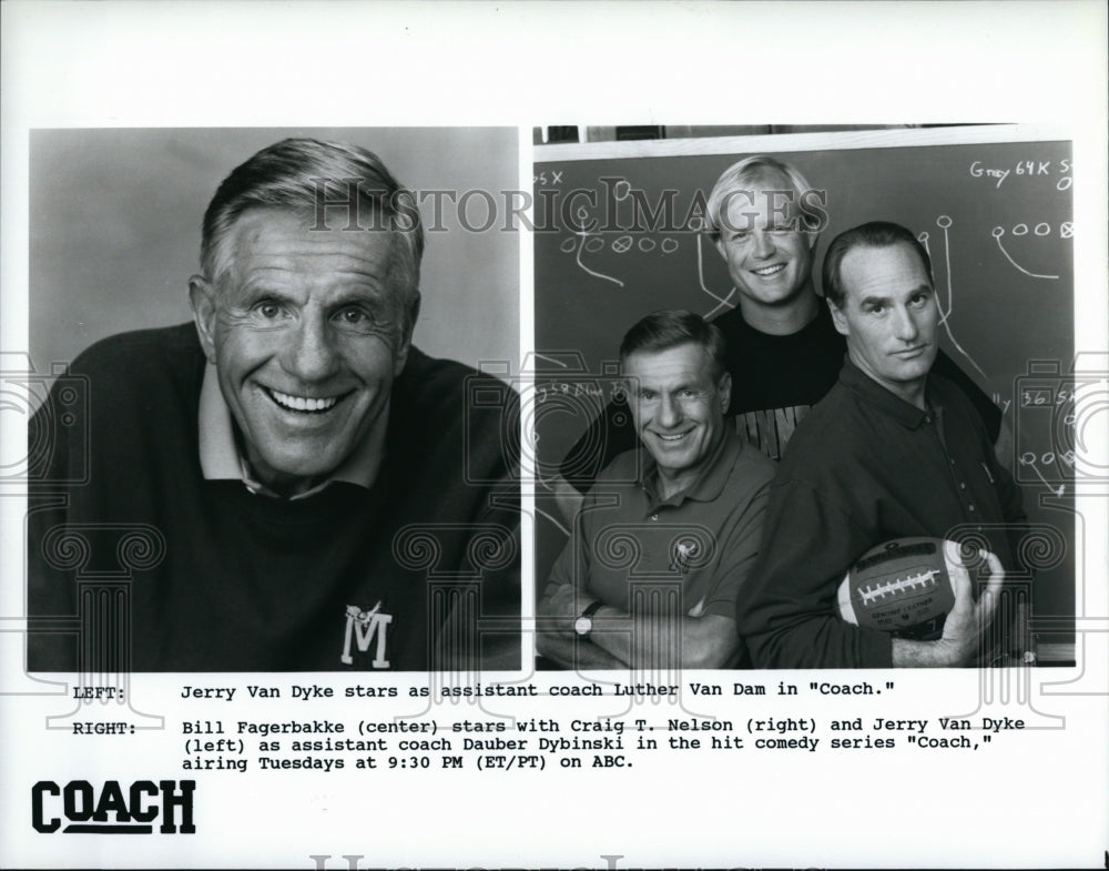 1989 Press Photo &quot;Coach&quot; Jerry Van Dyke, Craig T Nelson,B Fagerbakke- Historic Images