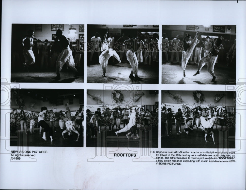 1989 Press Photo Capoeira Martial Arts Demonstration in "Rooftops" Film- Historic Images