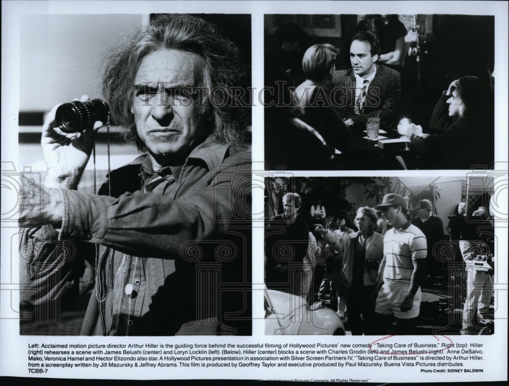 Press Photo Director A. Hiller of &quot;Taking Care of Business&quot; with actors on set.- Historic Images