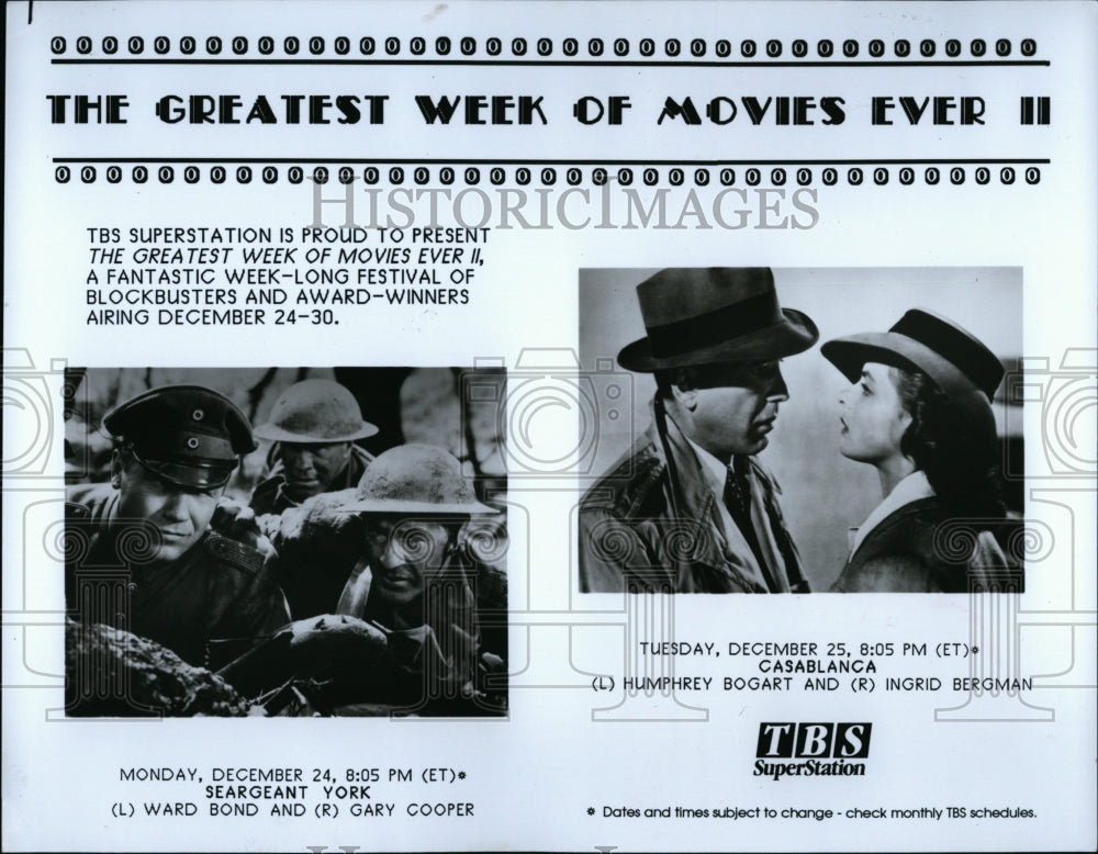 1942 Press Photo "Casablanca" Humphrey Bogart, Ingrid Bergman "Seargeant York"- Historic Images
