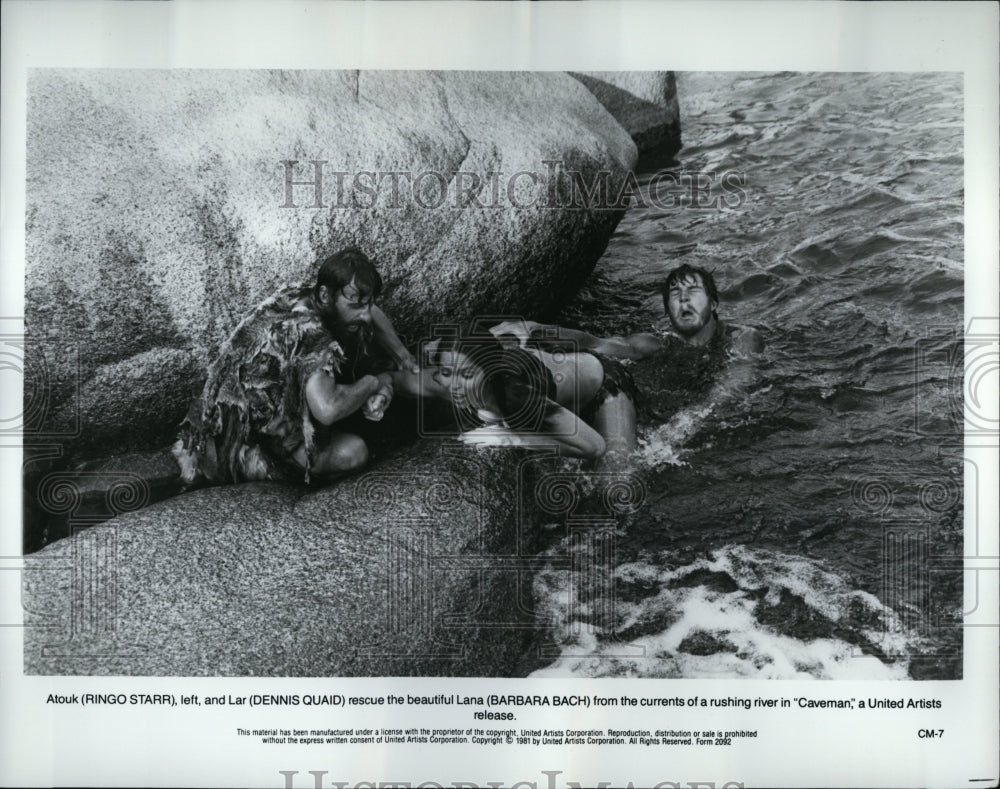 1981 Press Photo Ringo Starr, Barbara Bach and Dennis Quaid in &quot;Caveman&quot;- Historic Images