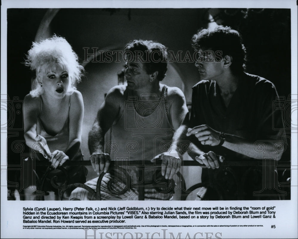 1987 Press Photo &quot;Vibes&quot; Cyndi Lauper, Jeff Goldblum, Peter Falk- Historic Images