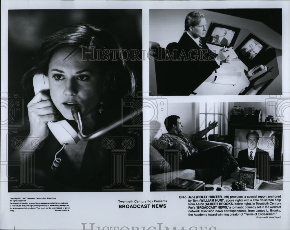 1987 Press Photo Holly Hunter William Hurt and Albert Brooks in &quot;Broadcast News&quot;- Historic Images