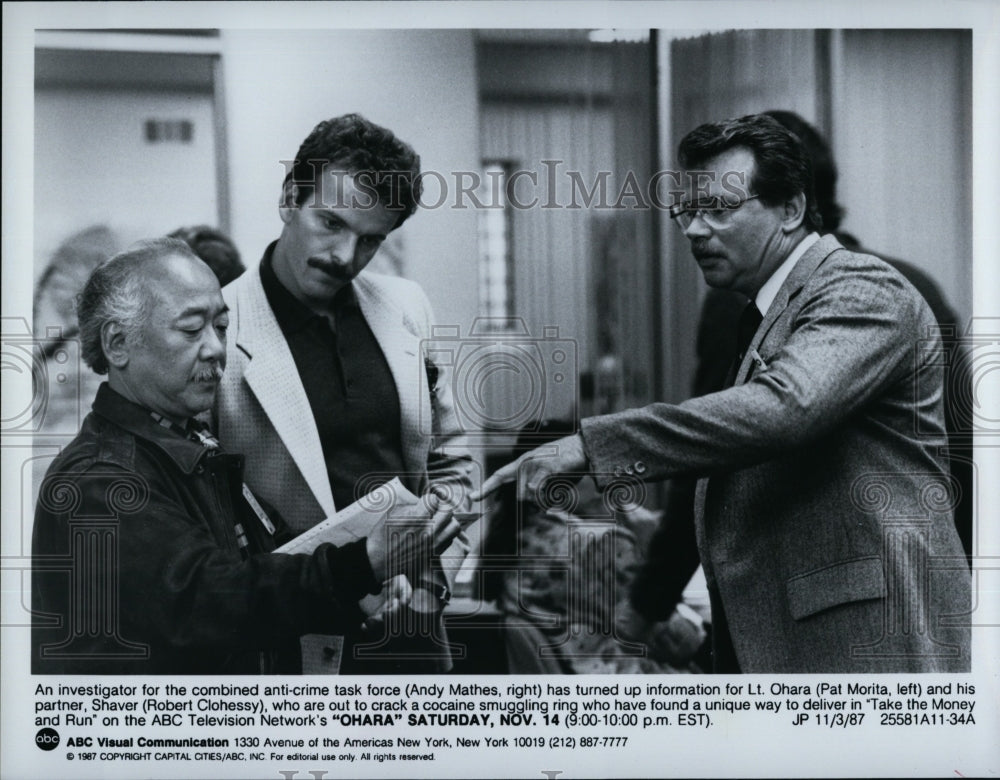 1987 Press Photo Andy Mathes Actor Pat Morita Robert Clohessy Ohara TV Show- Historic Images