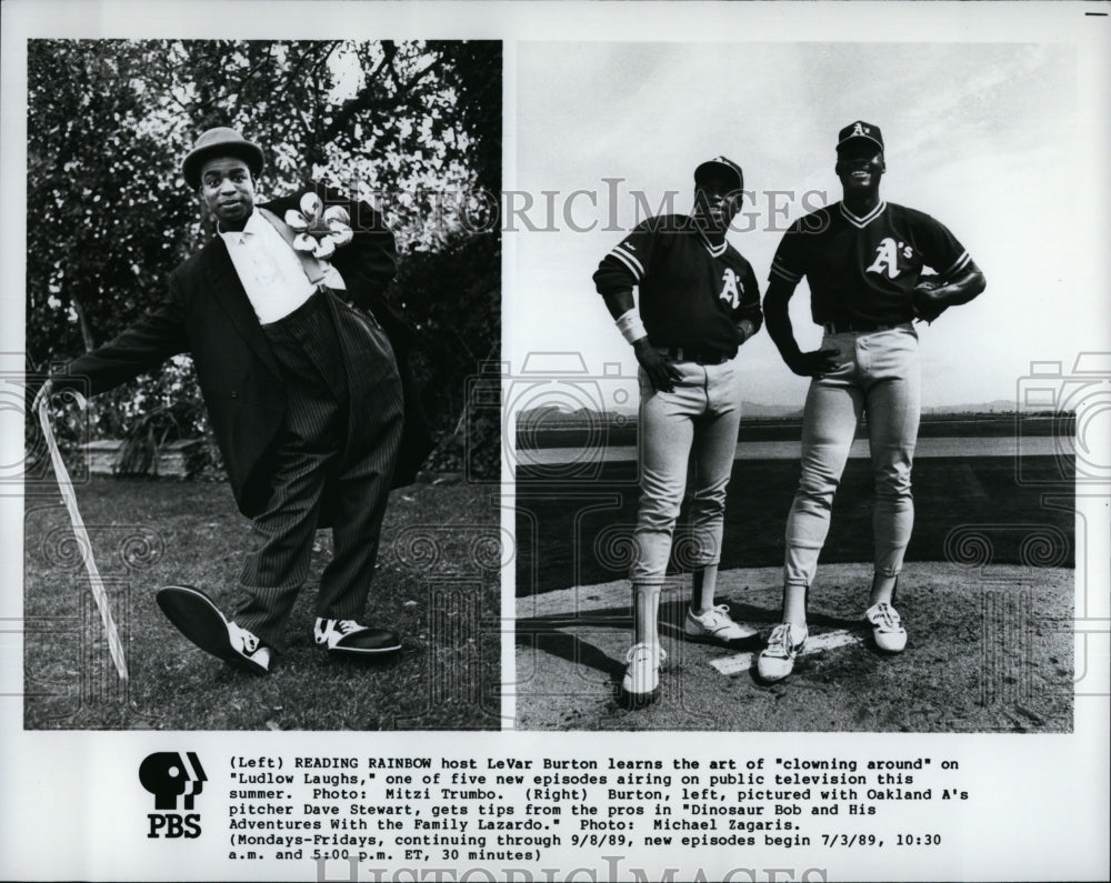 1989 Press Photo Levar Burton Host of &quot;Reading Rainbow&quot; Dave Stewart Oakland A&#39;s- Historic Images