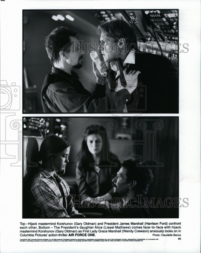 1997 Press Photo Gary Oldman Harrison Ford and Liesel Mathews in &quot;Air Force One&quot;- Historic Images