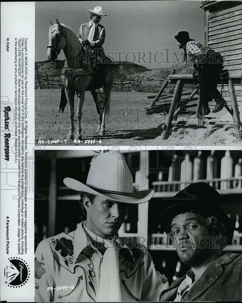 1985 Press Photo Tom Beregner Fernando Rey Star In Rustlers Rhapsody Western- Historic Images