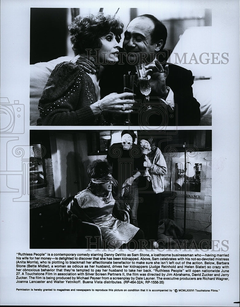 1986 Press Photo Danny DeVito Anita Morris Bette Midler Ruthless People Movie- Historic Images