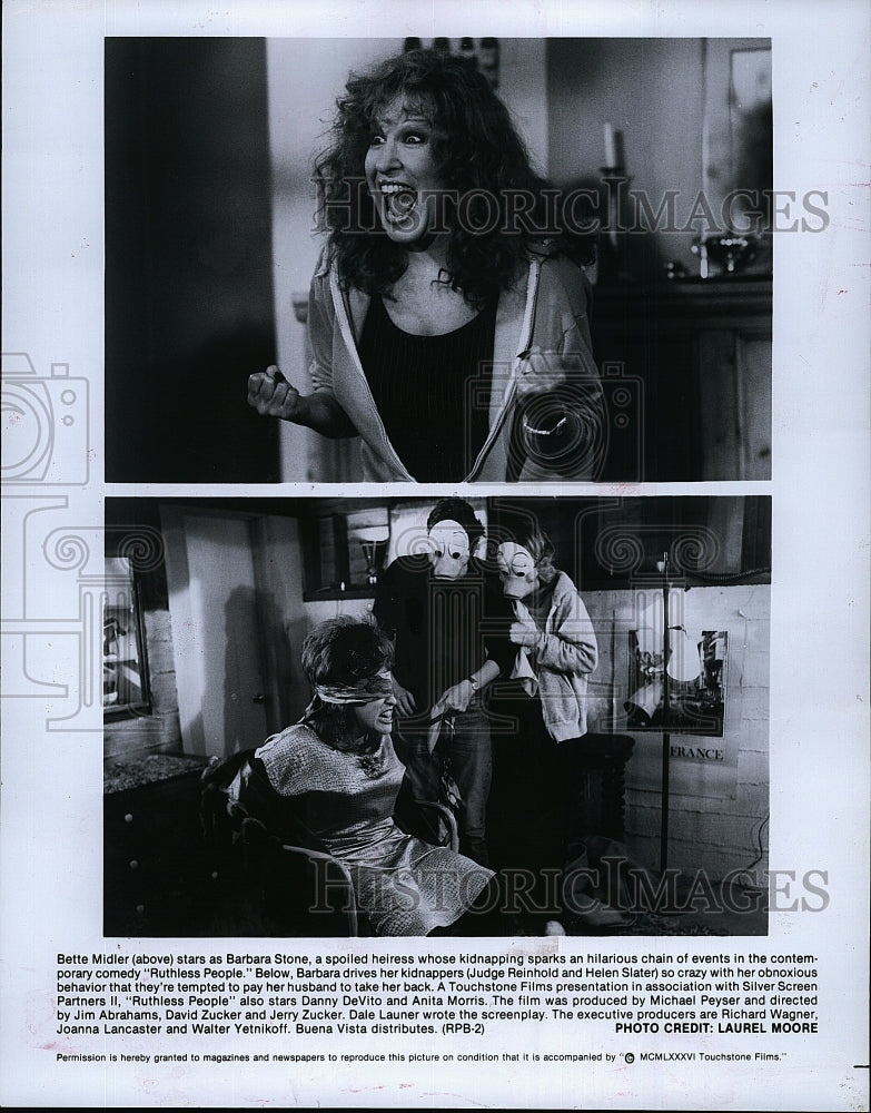 1986 Press Photo Bette Midler Judge Reinhold Helen Slater Ruthless People Movie- Historic Images