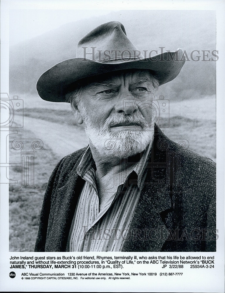 1988 Press Photo John Ireland as guest star in &quot;Bucks James&quot;.- Historic Images