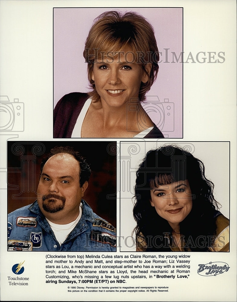 1995 Press Photo Melinda Culea,Liz Vassey and Mike Shane in &quot;Brotherly Love&quot;. - Historic Images