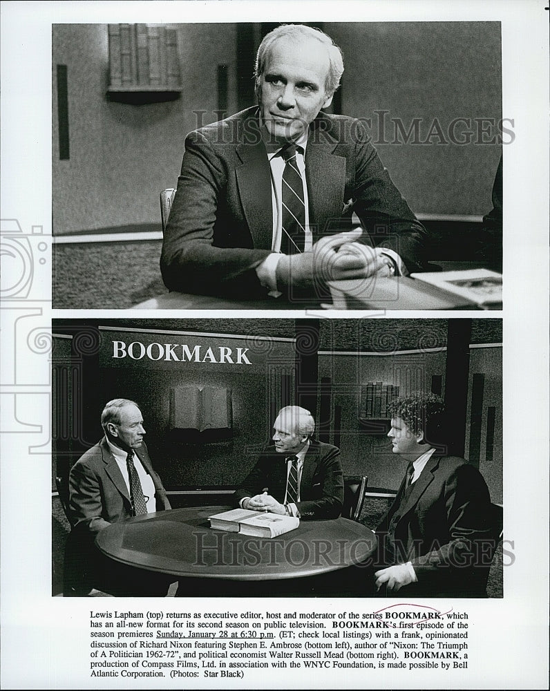 Press Photo Lewis Lapham in &quot;Bookmark&quot; with Stephen Ambrose and Russell Mead.- Historic Images