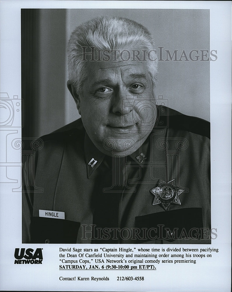 Press Photo David Sage as Captain Hingle in &quot;Campus Cops&quot;.- Historic Images