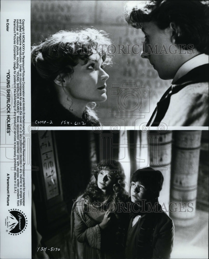 1985 Press Photo Nichoas Rowe, Sophie Ward, Alan Cox in &quot;Young Sherlock Holmes&quot;- Historic Images