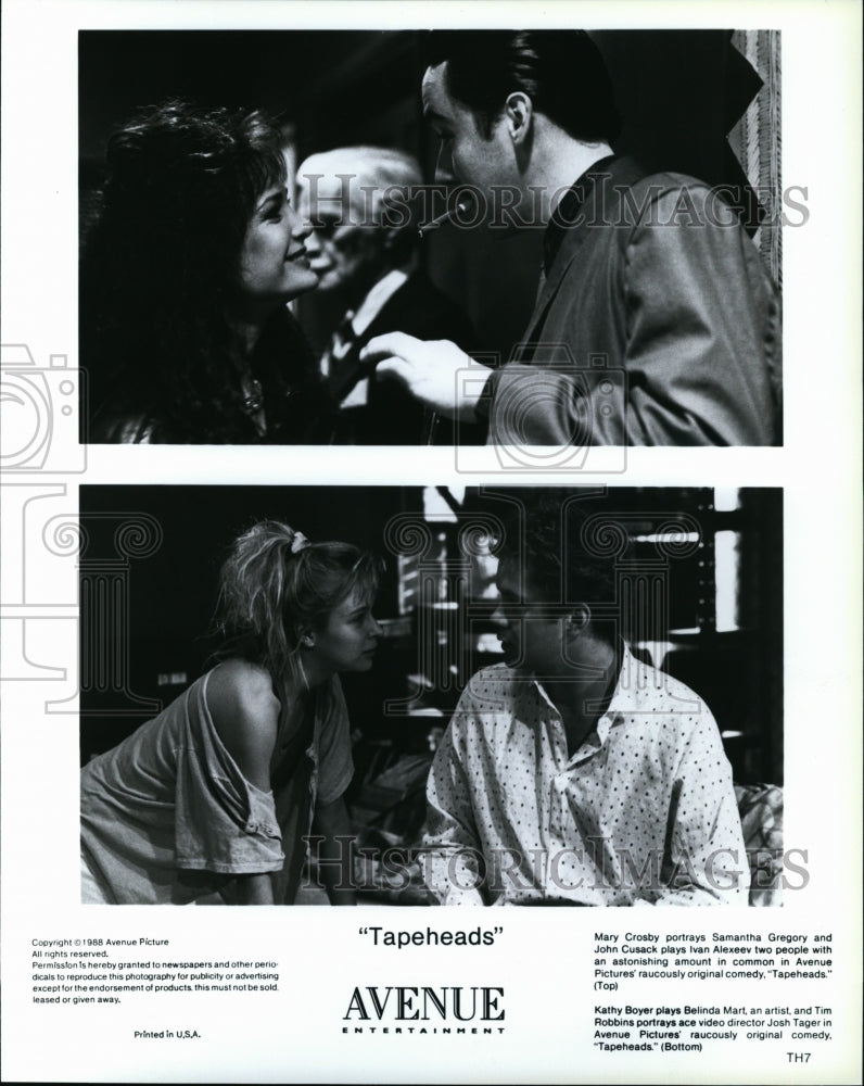 1988 Press Photo John Cusack, Kathy Boyer, Tim Robbins in &quot;Tapeheads&quot;- Historic Images