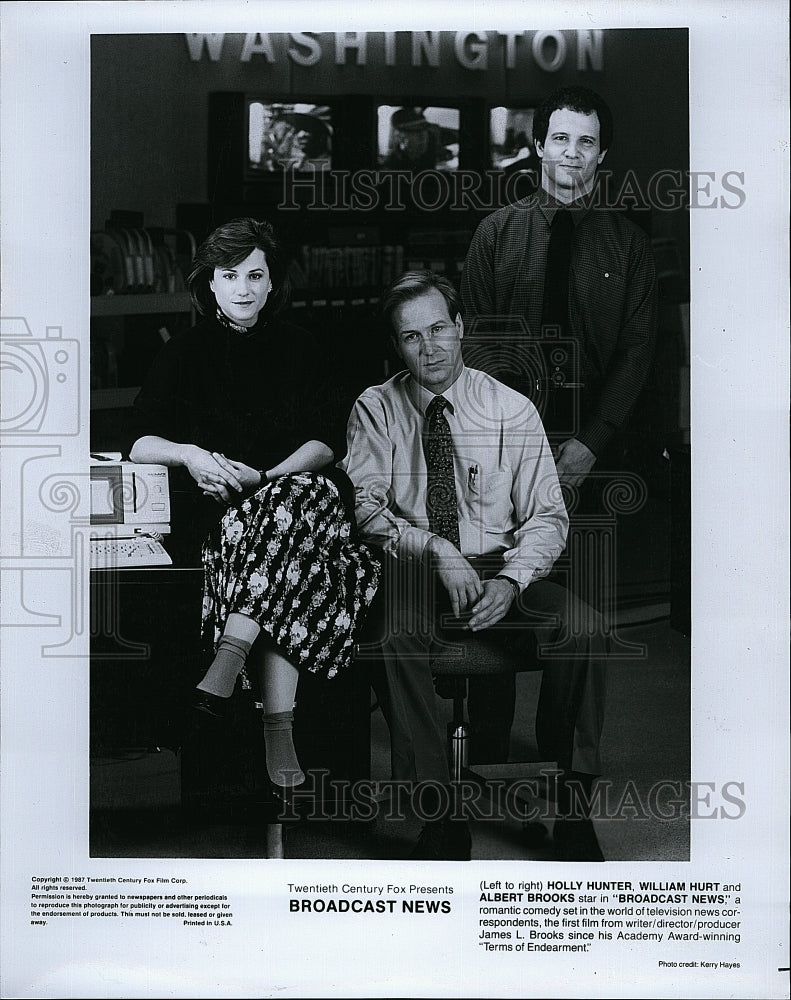 1987 Press Photo Actors Holly Hunter, William Hurt, A. Brooks, Broadcast News- Historic Images