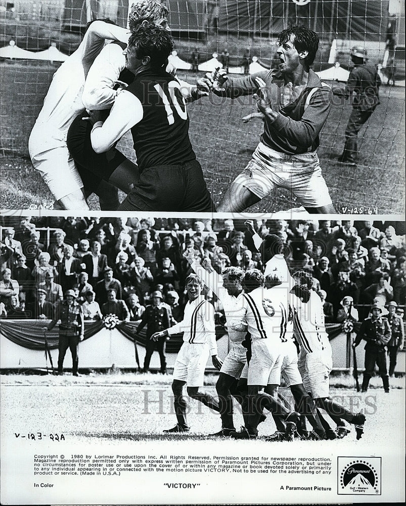 1980 Press Photo Actor Sylvester Stallone, Pele, Soccer Player In Victory- Historic Images