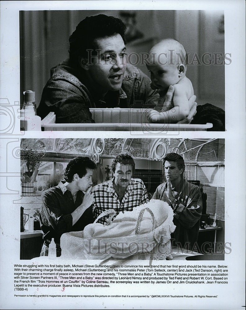 1987 Press Photo Steve Guttenberg and Tom Selleck in &quot;Three Men and a Baby&quot;- Historic Images