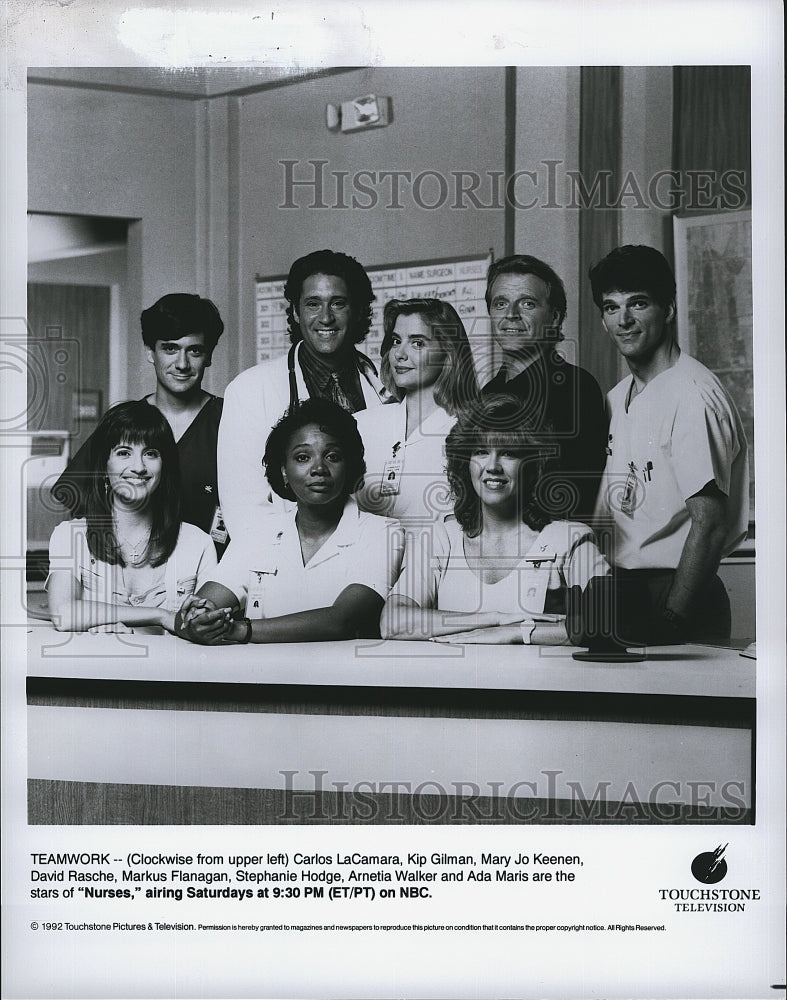 1992 Press Photo Nurses Stars Carlos LaCamara, Kip Gilman &amp; Mary Jo Keenan- Historic Images