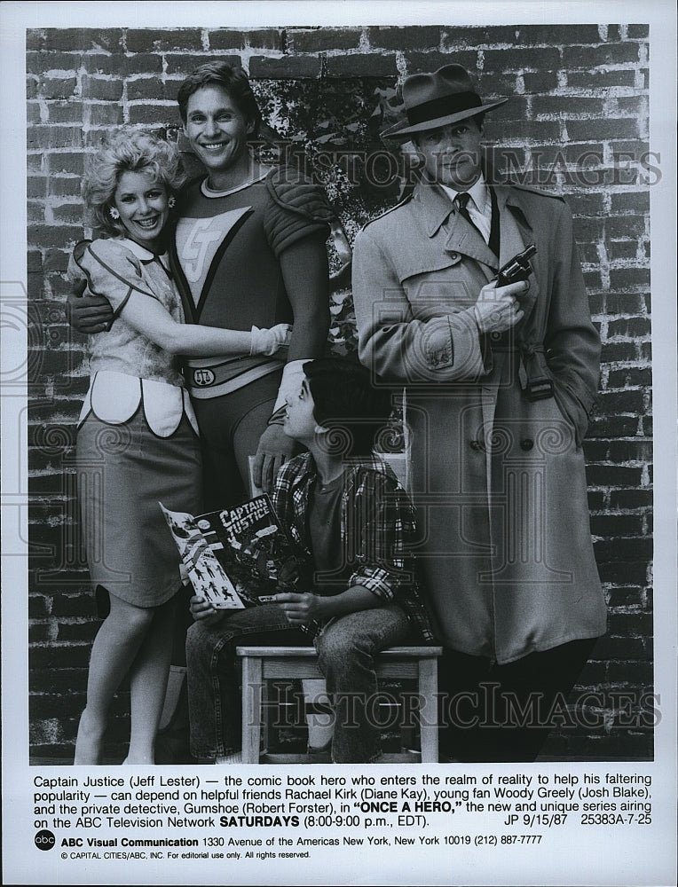 1987 Press Photo &quot;Once A Hero&quot; Jeff Lester,Josh Blake,Robert Forster, Diane Kaye- Historic Images