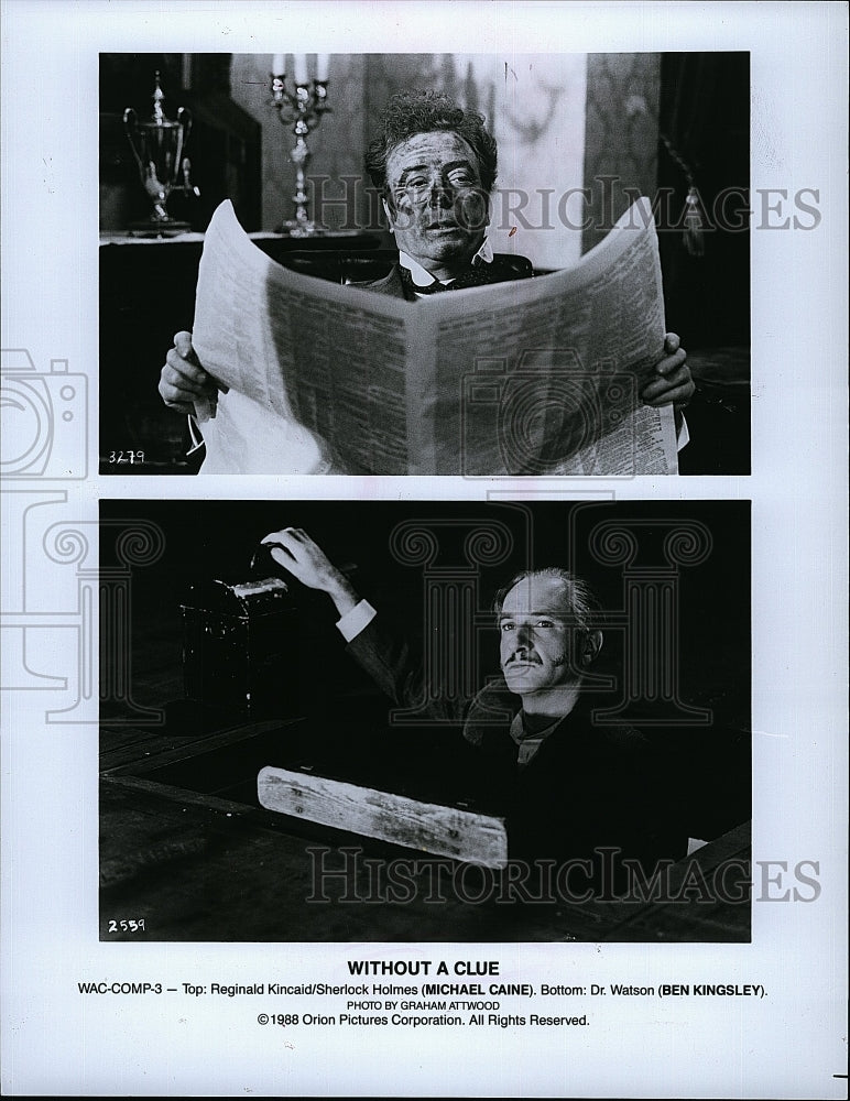 1988 Press Photo Michael Caine &amp; Ben Kingsley Star In &quot;Without A Clue&quot;- Historic Images