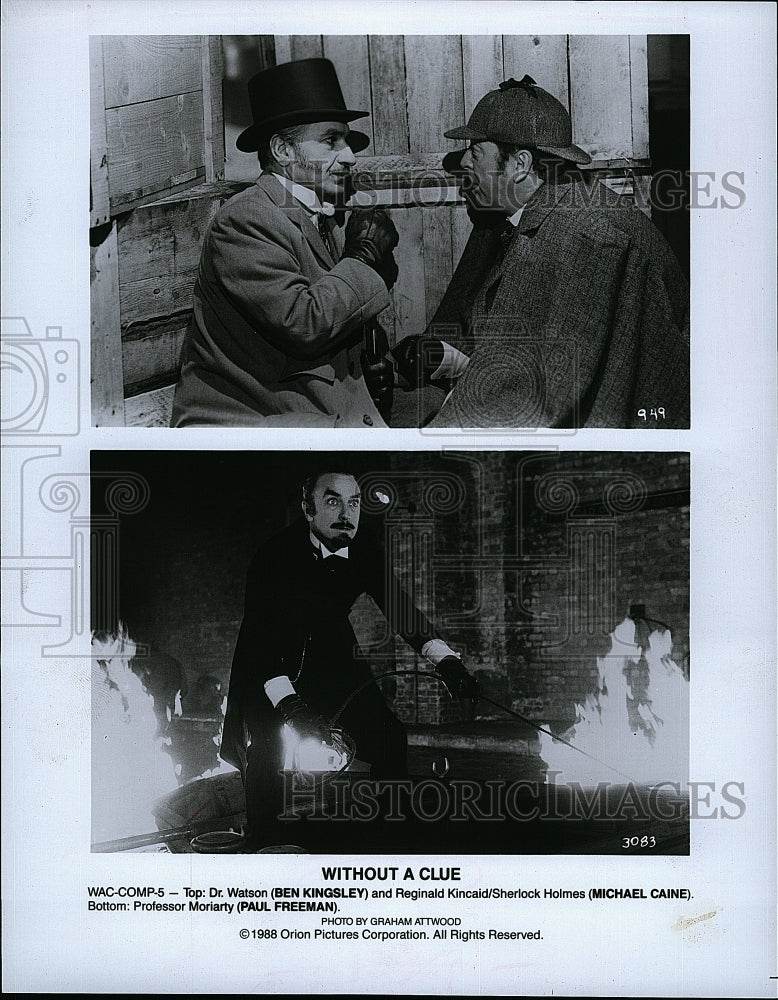 1988 Press Photo Michael Caine, Ben Kingsley &amp; Paul Freeman In &quot;Without A Clue&quot;- Historic Images