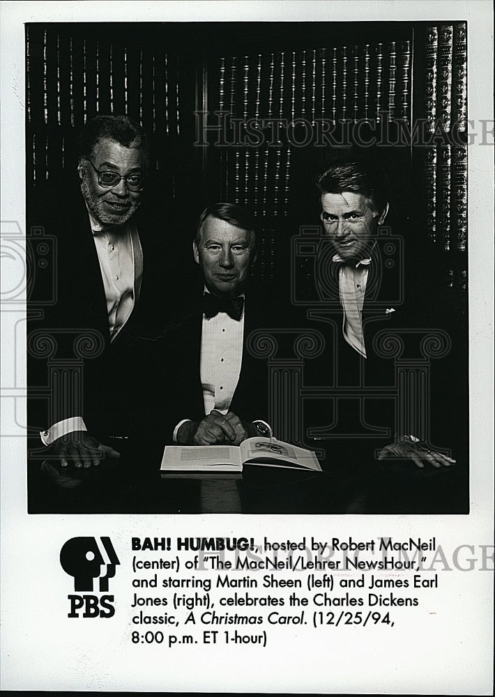 1994 Press Photo Bah! Hambug!&#39;s James Earl Jones, Robert MacNeil &amp; Martin Sheen- Historic Images