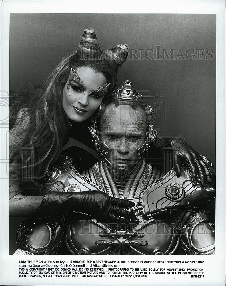 1997 Press Photo Uma Thurman and Arnold Schwarzenegger in &quot;Batman &amp; Robin&quot;- Historic Images