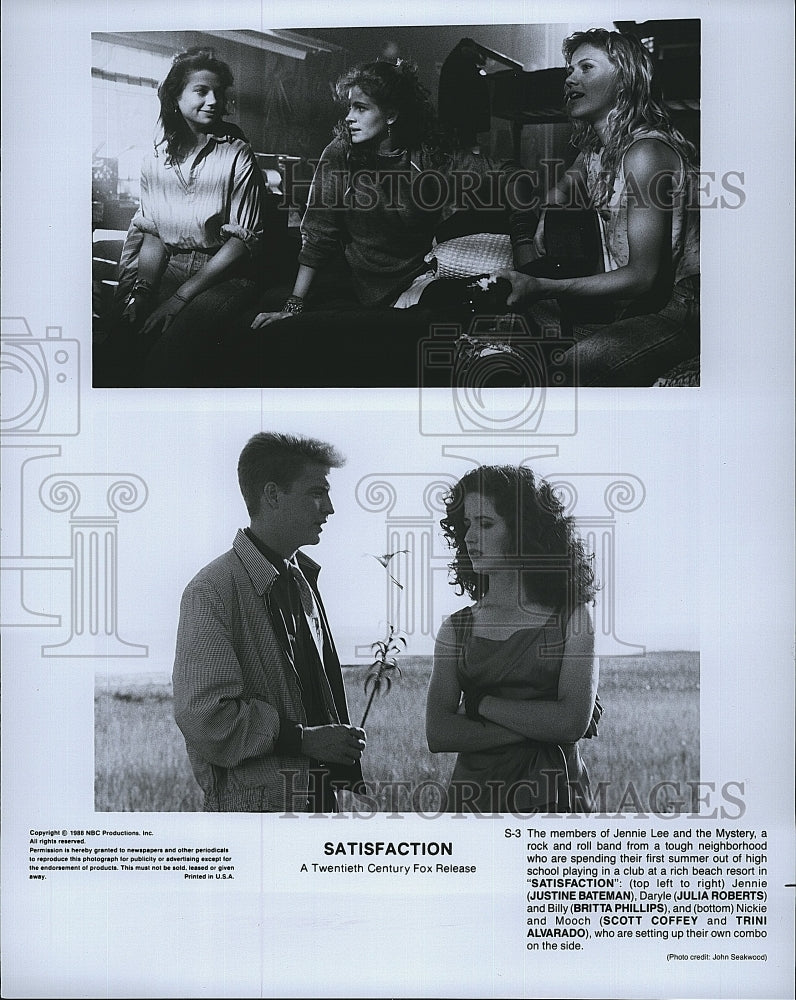 1988 Press Photo &quot;Satisfaction&quot; Justine Bateman, Julia Roberts, Scott Coffey- Historic Images