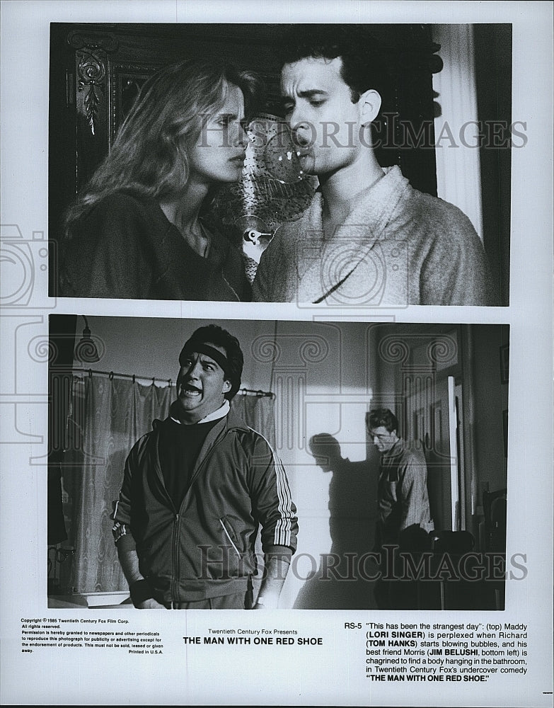 1985 Press Photo &quot;The Man With One Red Shoe&quot; Lori Singer,Tom Hanks, Jim Belushi- Historic Images