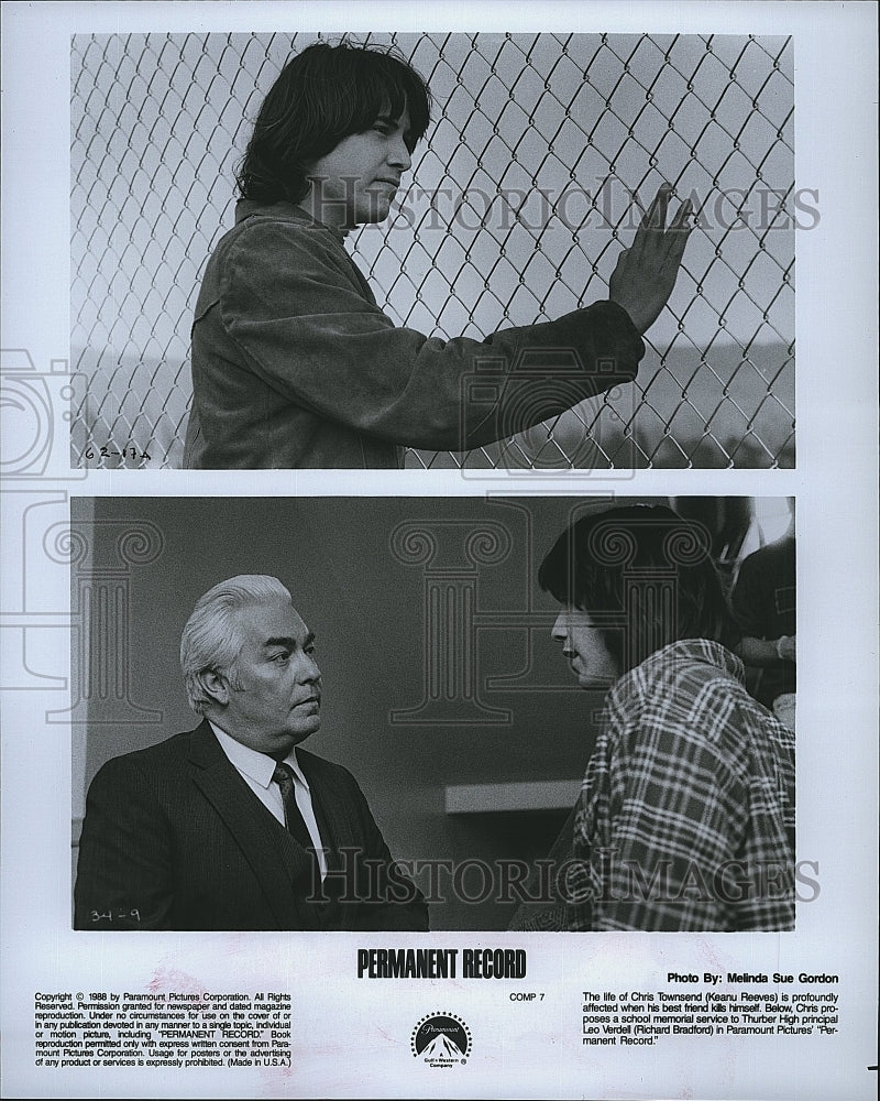 1988 Press Photo Keanu Reeves, Richard Bradford &quot;Permanent Record&quot;- Historic Images