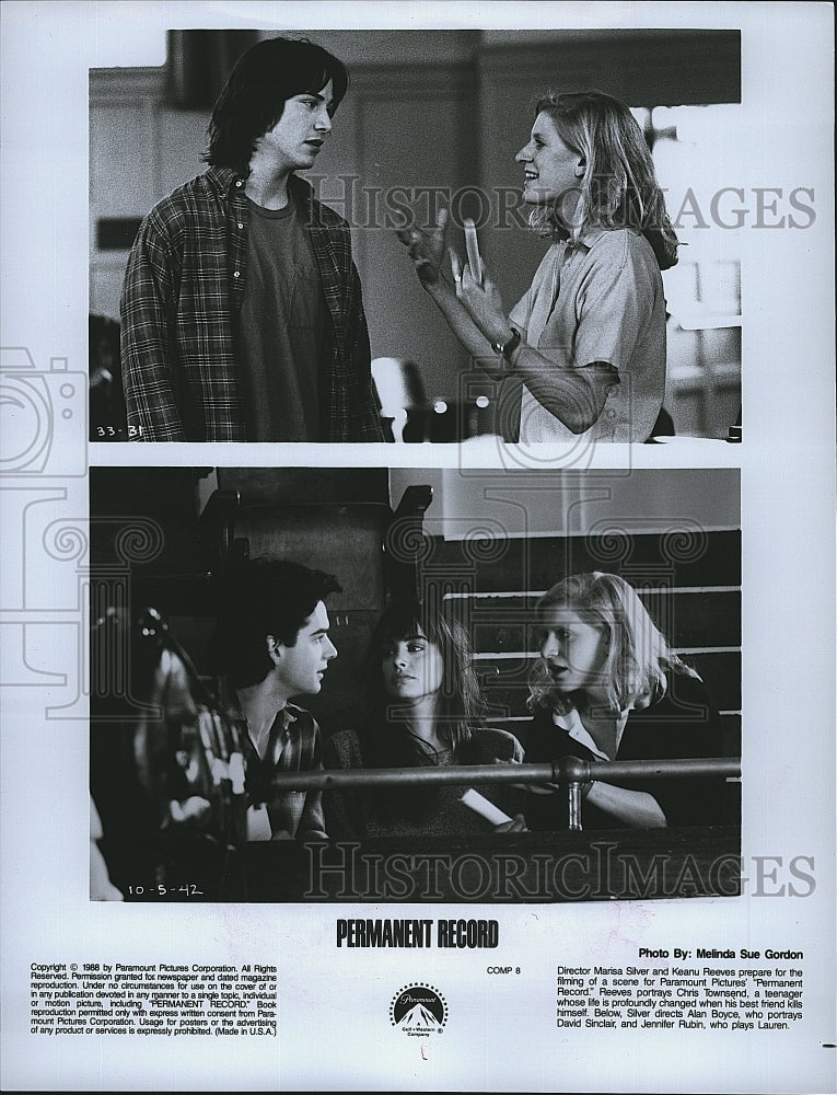 1988 Press Photo Director Marisa Silver, Keanu Reeves &quot;Permanent Record&quot;- Historic Images