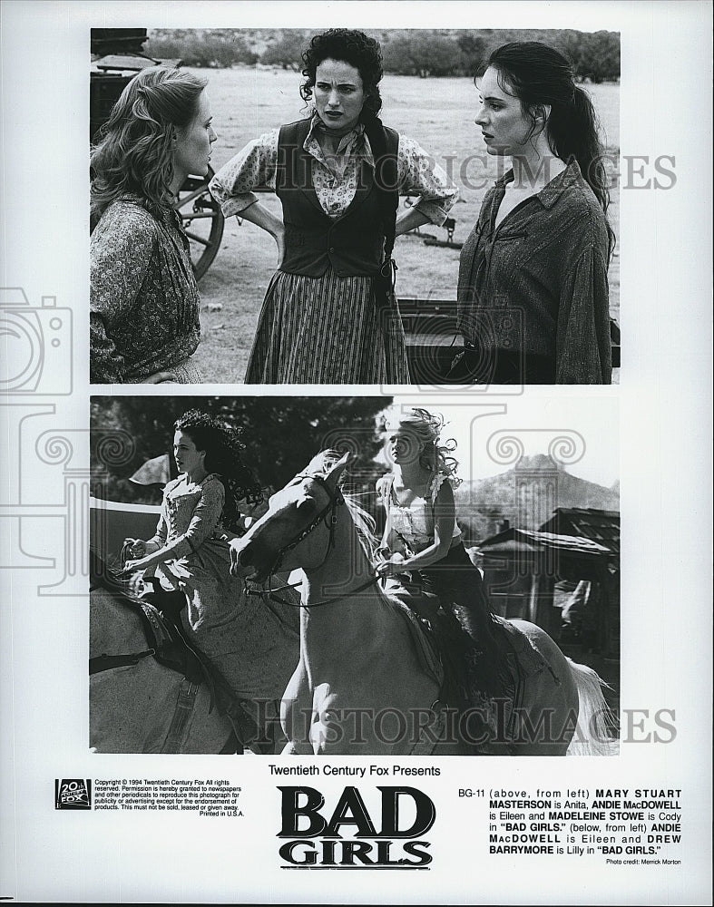 1994 Press Photo Actress Mary Stuart,Madeline Stowe,Drew Barrymore &quot;Bad Girls&quot; - Historic Images