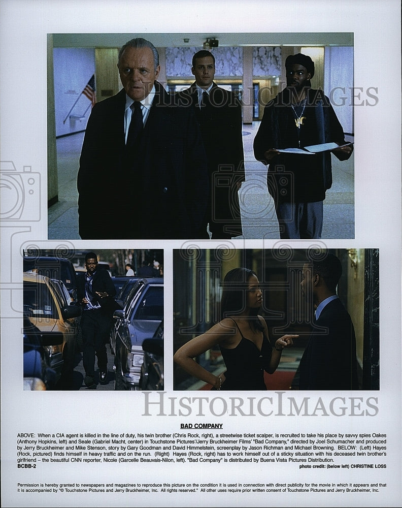 2002 Press Photo Anthony Hopkins, Gabriel Macht, Beauvais Nilon in &quot;Bad Company&quot;- Historic Images