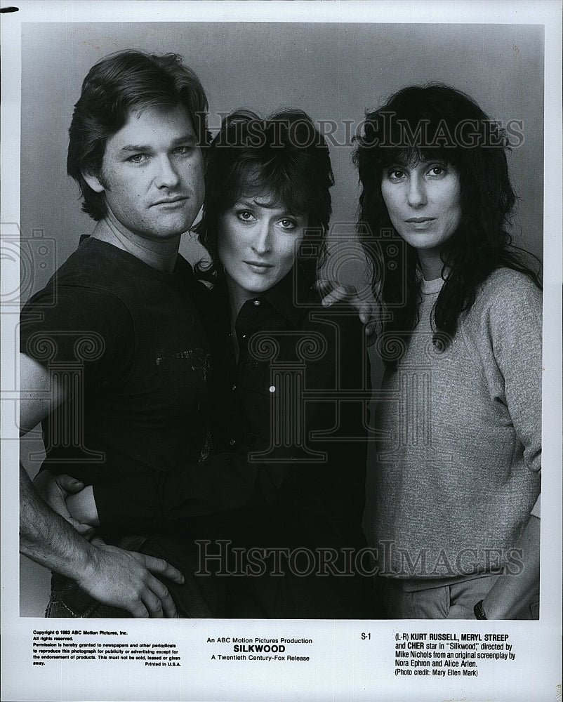 1983 Press Photo Actor Kurt Russell &amp; Cher &amp; Meryl Streep In &quot;Silkwood&quot;- Historic Images