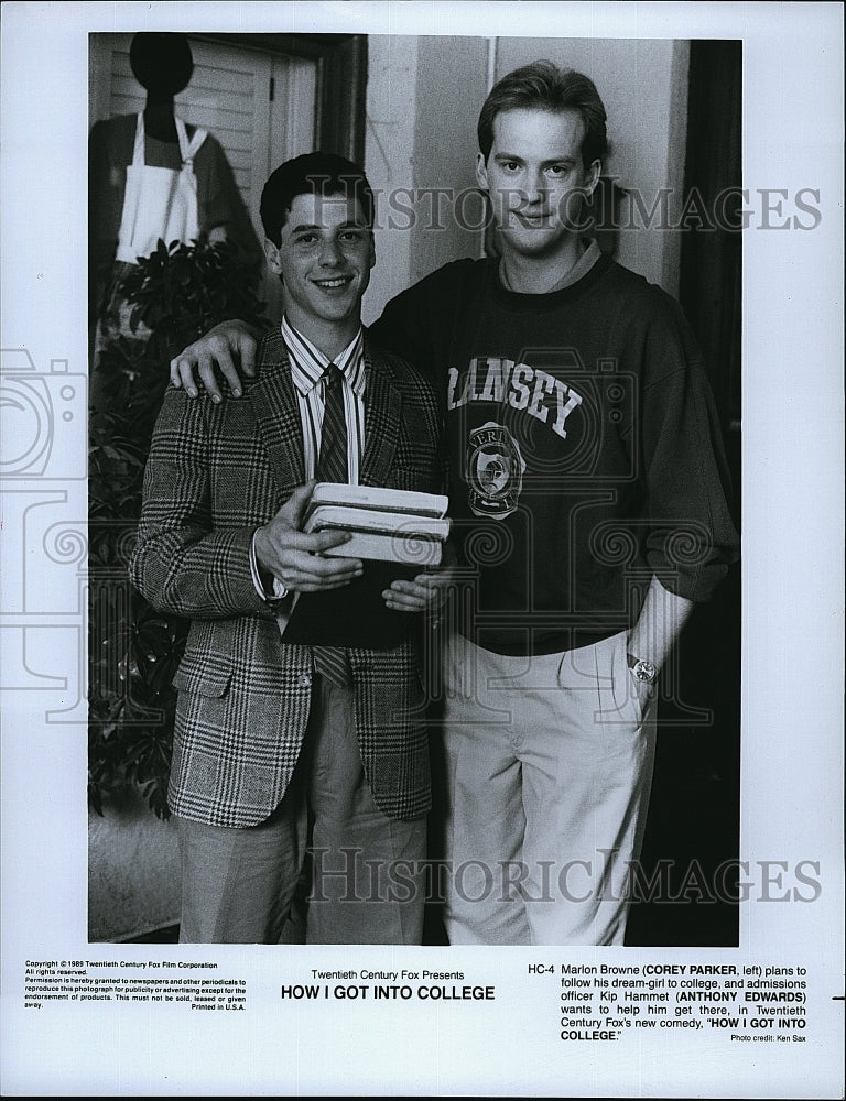 1989 Press Photo Corey Parker, Anthony Edwards &quot;How I Got Into College&quot;- Historic Images