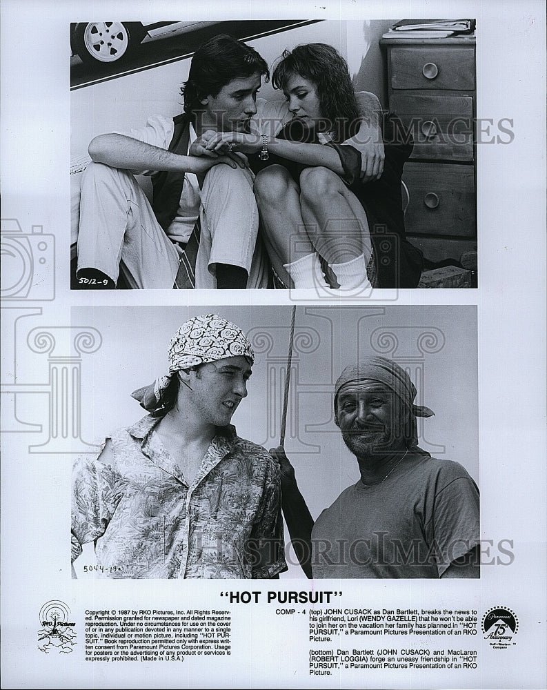 1987 Press Photo John Cusack, Wendy Gazelle, R. Loggia &quot;Hot Pursuit&quot;- Historic Images