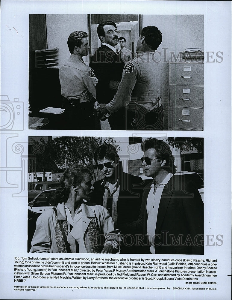 1989 Press Photo Tom Selleck, D. Rasche, L. Robins, R. Young &quot;An Innocent Man&quot;- Historic Images