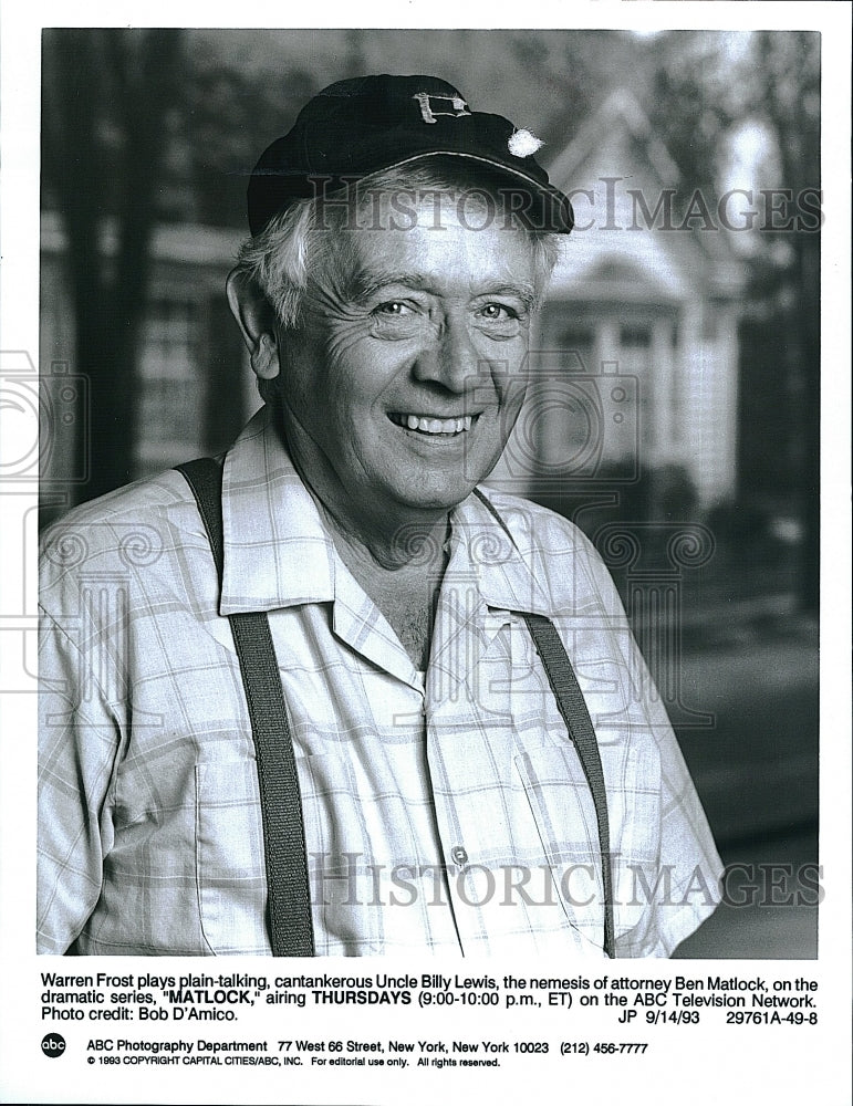 1993 Press Photo Warren Frost as Uncle Billy Lewis on TV series "Matlock"- Historic Images