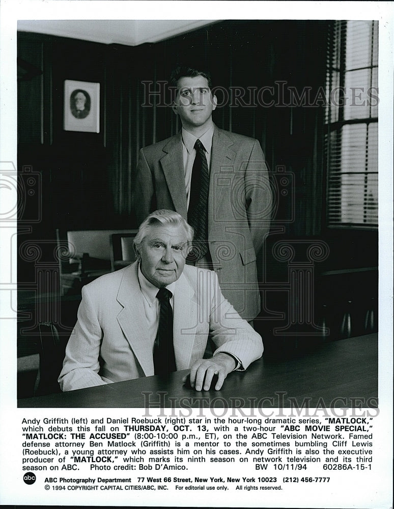 1994 Press Photo Andy Griffith and Daniel Roebuck in TV series "Matlock"- Historic Images